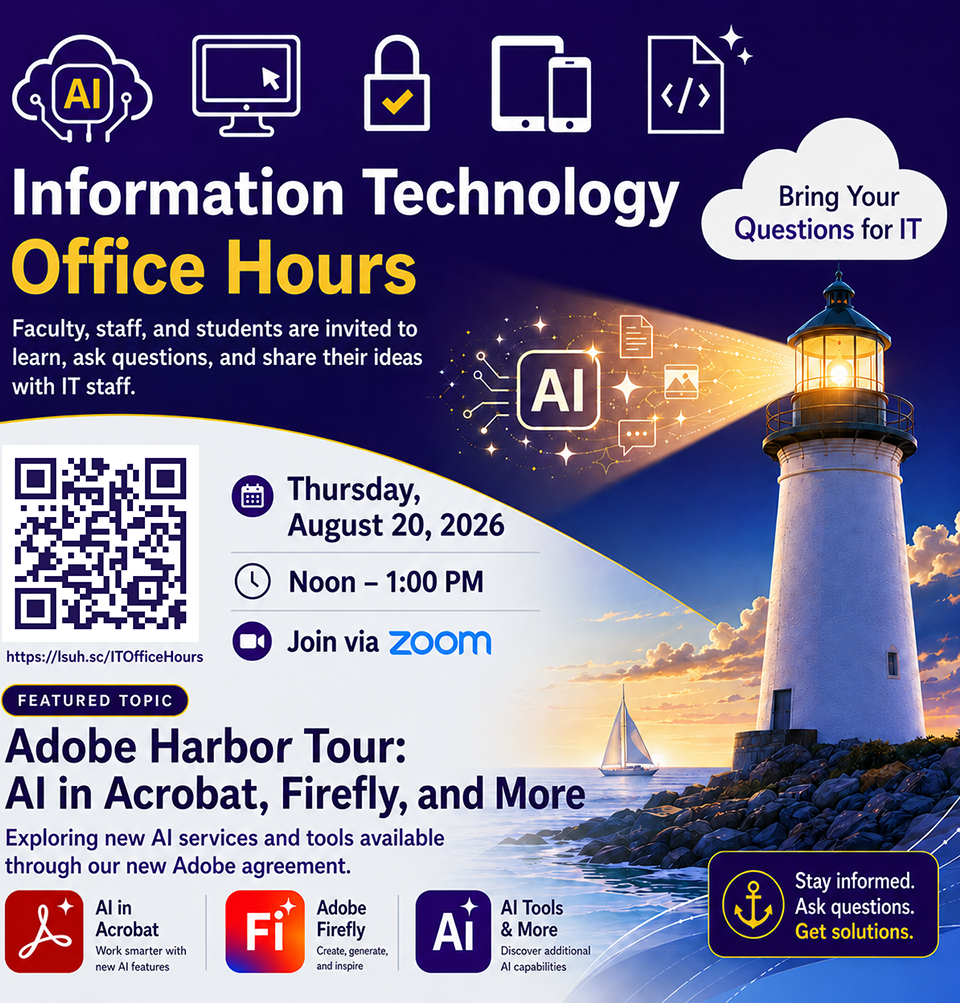 IT Office Hours Meeting Flyer 8/20 @ 12 PM via Zoom | Topic = Adobe Harbor Tour